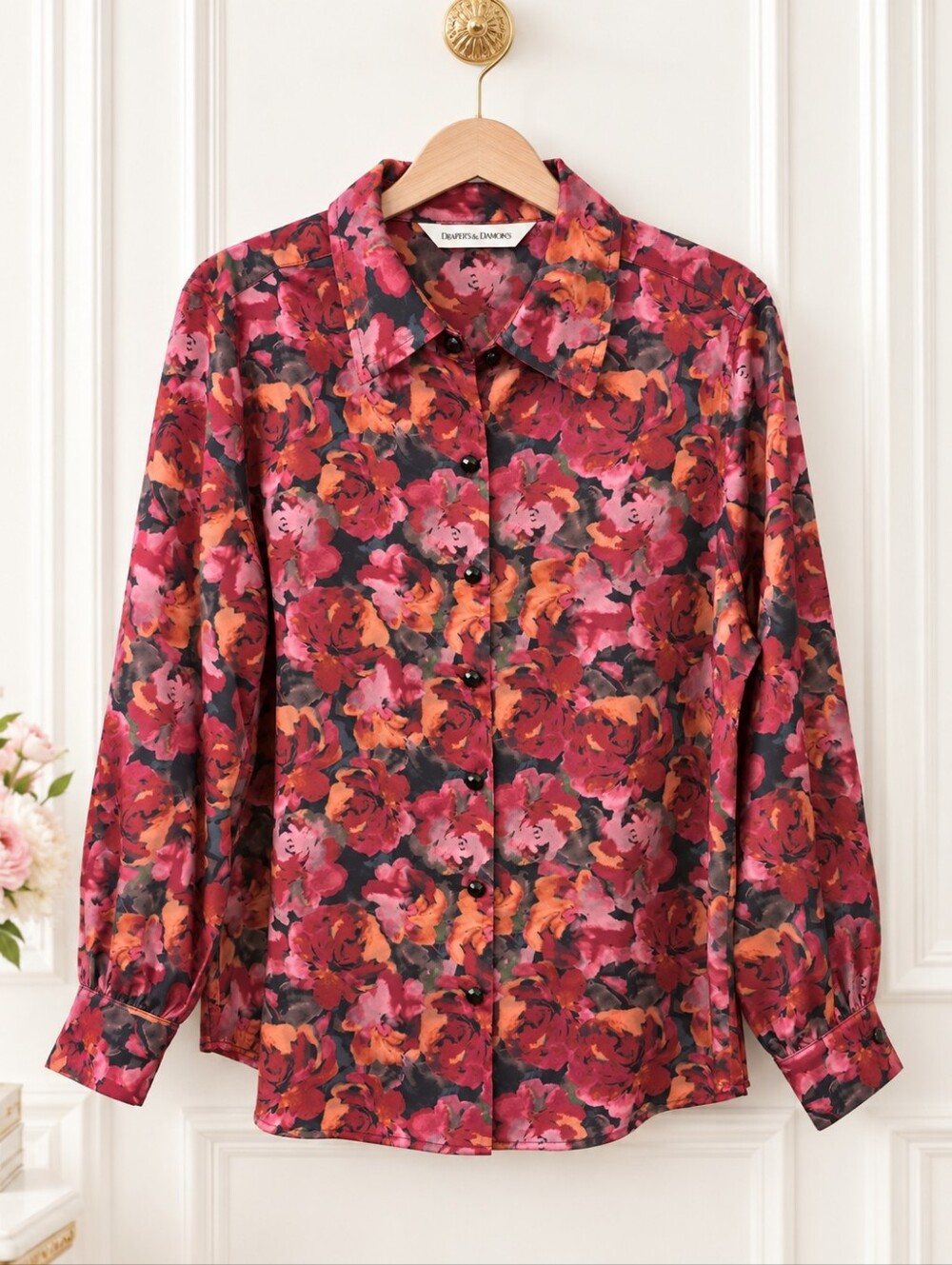 Draper’s & Damon’s | Silky Floral Button Blouse | Fall Roses | Size Large - Picture 5 of 9